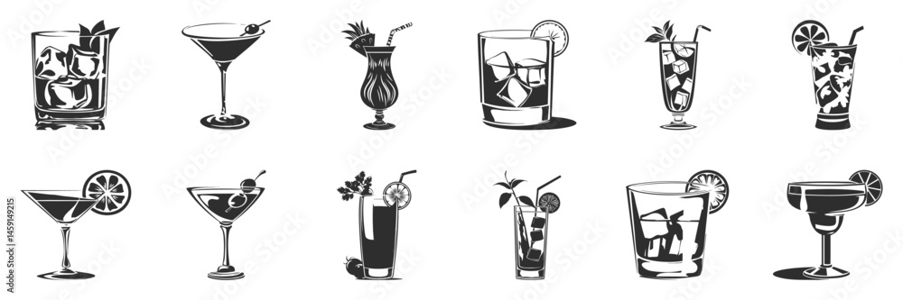 Cocktail Glasses And Drinks Silhouette Set. Variety Of Beverage Illustrations With Garnishes And Ice Cubes. Isolated Vector Illustration Collection Cocktail Glasses And Drinks Silhouette Set. Variety Of Beverage Illustrations With Garnishes And Ice Cubes. Isolated Vector Illustration Collection