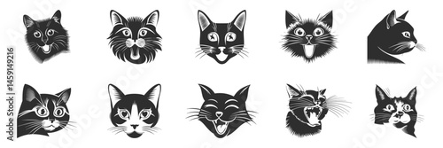 Cat Expressions Silhouette Set. Diverse Feline Emotions And Reactions Isolated Vector Illustration Collection
