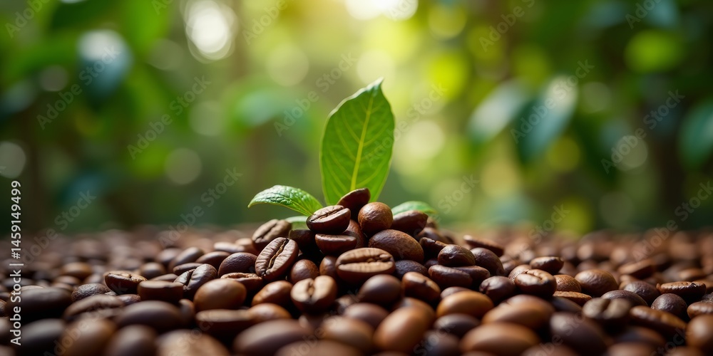Obraz premium A single green coffee leaf sits atop a pile of coffee beans on the ground, with a blurred background of more leaves and plants