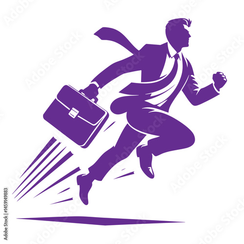 A businessman in a suit running with a briefcase, symbolizing ambition, success, and the pursuit of goals in the corporate world.