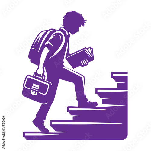 Silhouette of a Student Climbing Steps with Books and Backpack - Education Concept