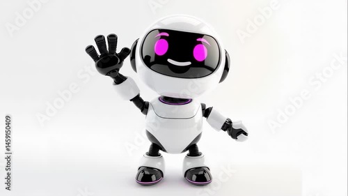 Smiling cartoon robot toy standing, greets and waves his hand.. Future of artificial intelligence. Modern futuristic technology for machine learning. Educational toy for children, robotics concept.
