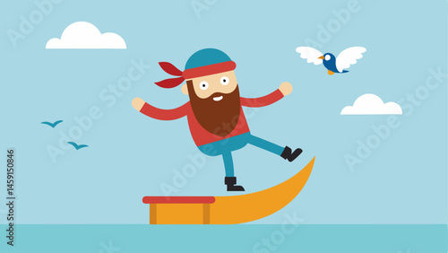 Skateboard Trick The pirate with a hook for a hand is midair performing a jump on his skateboard. His bandana flutters in the wind and a determined look is on his face. Below him