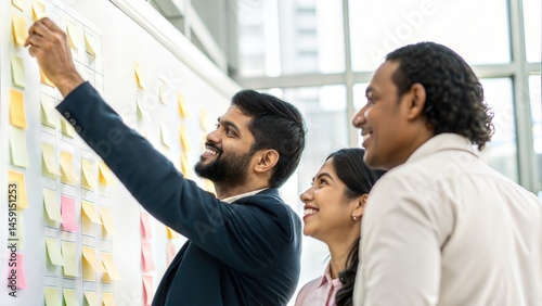 Indian Professionals Using Sticky Notes in Friendly Planning Session
