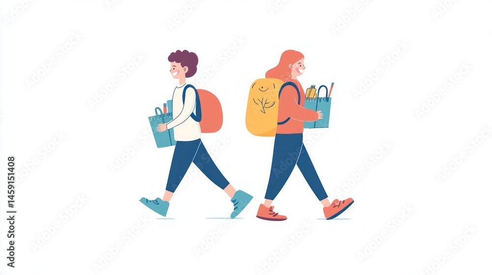 Two people walking with backpacks and grocery bags Two people walking with backpacks and grocery bags