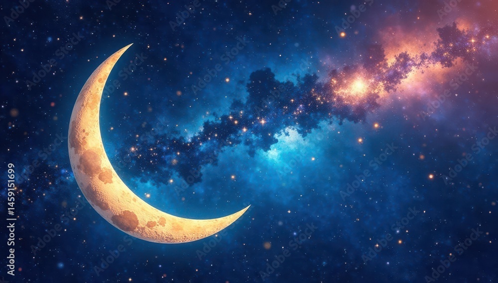 Fototapeta premium Celestial canvas with crescent moon and twinkling stars, night sky, twinkling stars