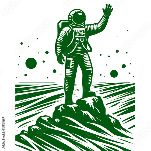 Astronaut on Alien Planet: A Black and White Space Exploration Illustration