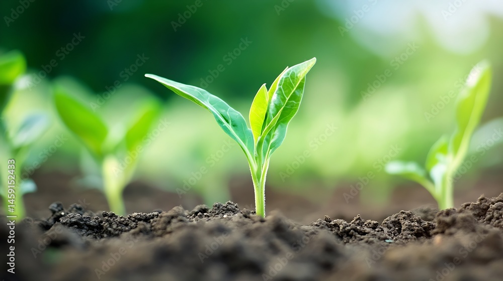 Fototapeta premium A vibrant young seedling emerges from rich soil, its bright green leaves reaching towards sunlight in a lush natural setting. : Generative AI