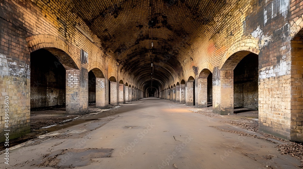 Obraz premium A long, dimly lit brick tunnel with arched ceilings and pillars, showing signs of age and decay, extends towards a distant light source. : Generative AI