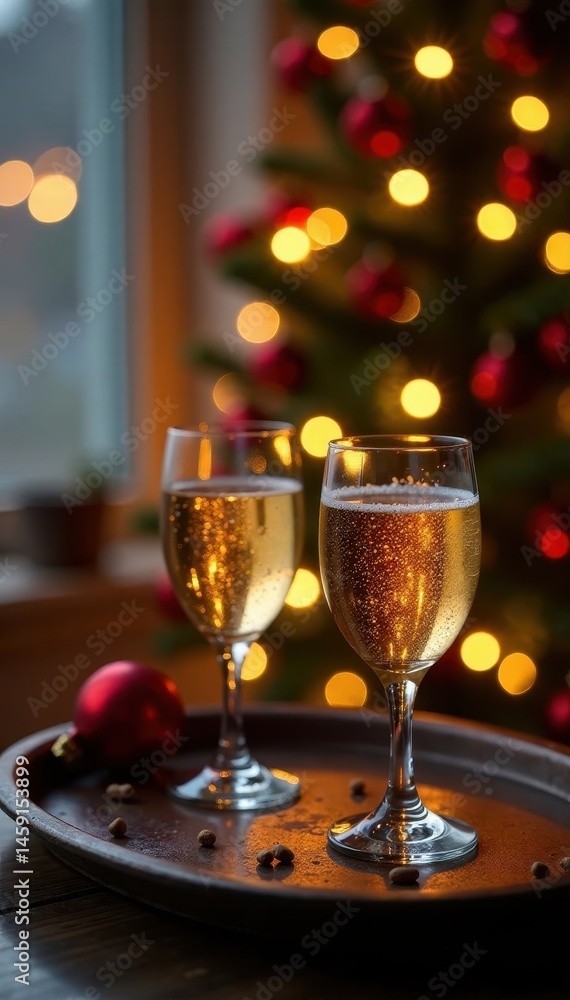 Christmas tree lights illuminate a tray of sparkling cider , sparkling cider, warm glow Christmas tree lights illuminate a tray of sparkling cider , sparkling cider, warm glow
