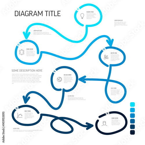 This abstract flow diagram graphic represents a process workflow using curved lines connecting steps. Use this infographic diagram template for presenting complex processes easily.