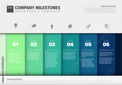 Clean infographic template showing six company milestones. This step-by-step infographic template displays a linear process, perfect for business presentations and history reports.