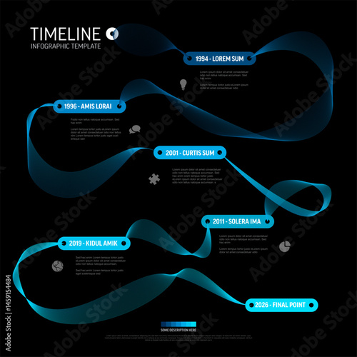 Modern timeline infographic template with abstract wavy line on a dark background. This digital timeline infographic visualizes process flow and key data points over time for clear communication.