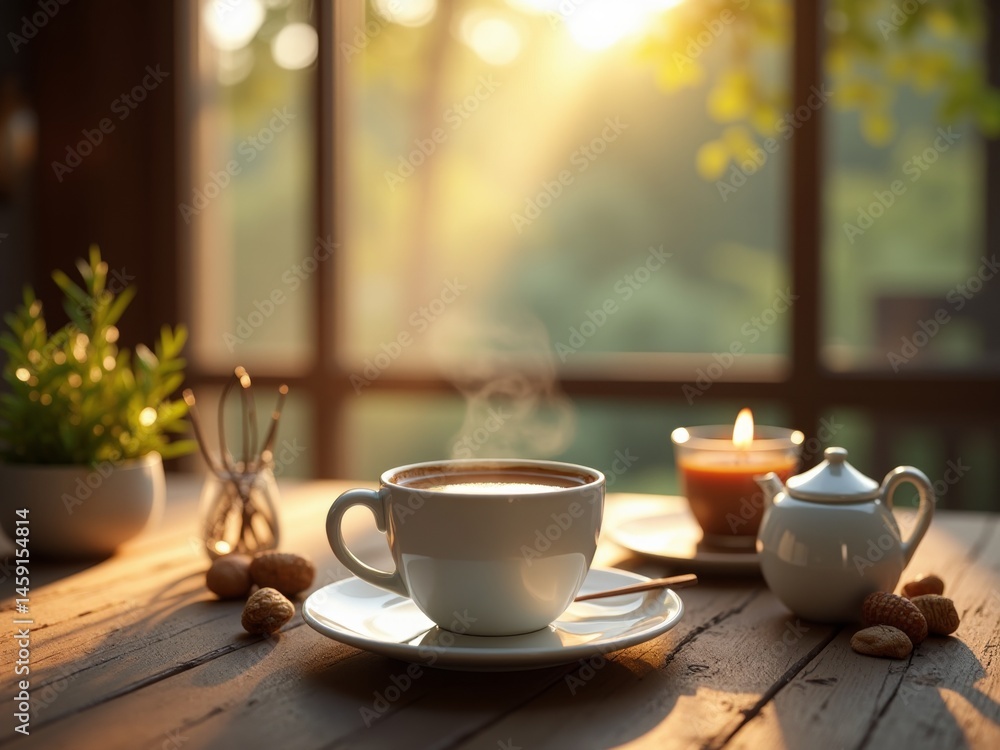 Fototapeta premium A warm cup of coffee on a saucer near a window