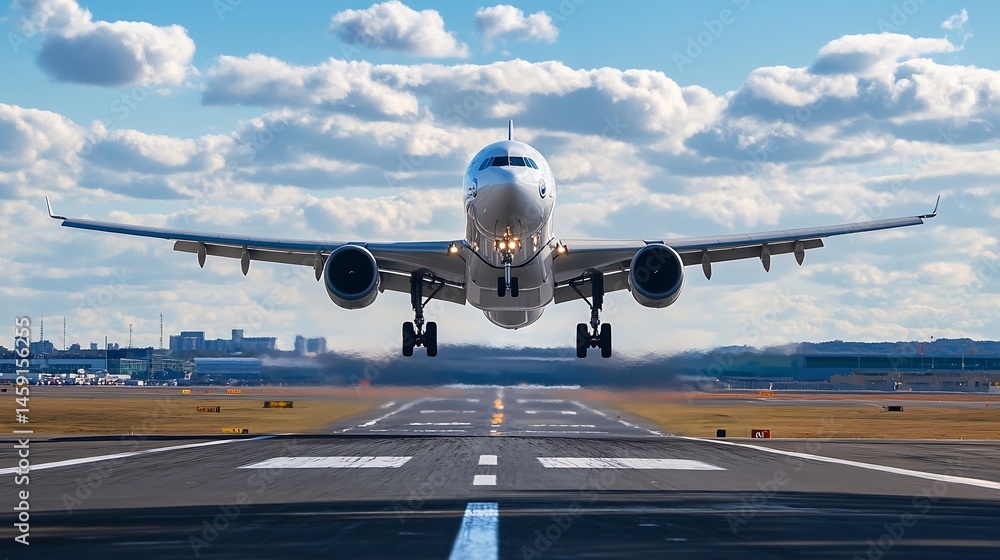 Airplane landing, low angle view of a large passenger jet descending towards a runway, with clouds and airport buildings in the background. : Generative AI Airplane landing, low angle view of a large passenger jet descending towards a runway, with clouds and airport buildings in the background. : Generative AI