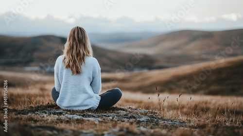 Wallpaper Mural Woman meditates peacefully atop a hill, overlooking a vast, tranquil landscape of rolling hills and golden grasslands under a soft, muted sky. : Generative AI Torontodigital.ca