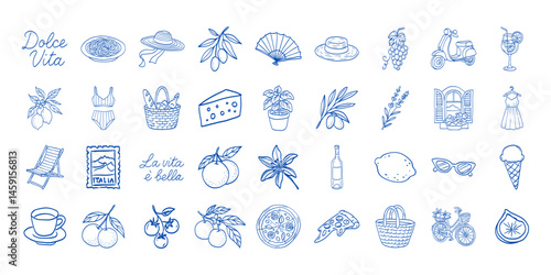 A blue and white image of various food items and objects, including a lemon, a bottle, a bowl, a hat, a fan, a car, a bicycle, a boat, a dress, a bowl, a bottle, a hat