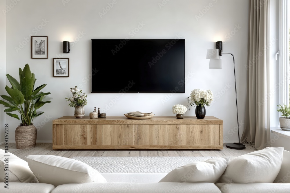Modern living room with minimalist decor, wooden TV stand, wall-mounted TV, indoor plants, and neutral tones.
