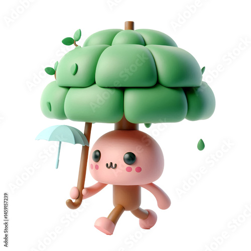 Cute 3d walking tree isolated on white background