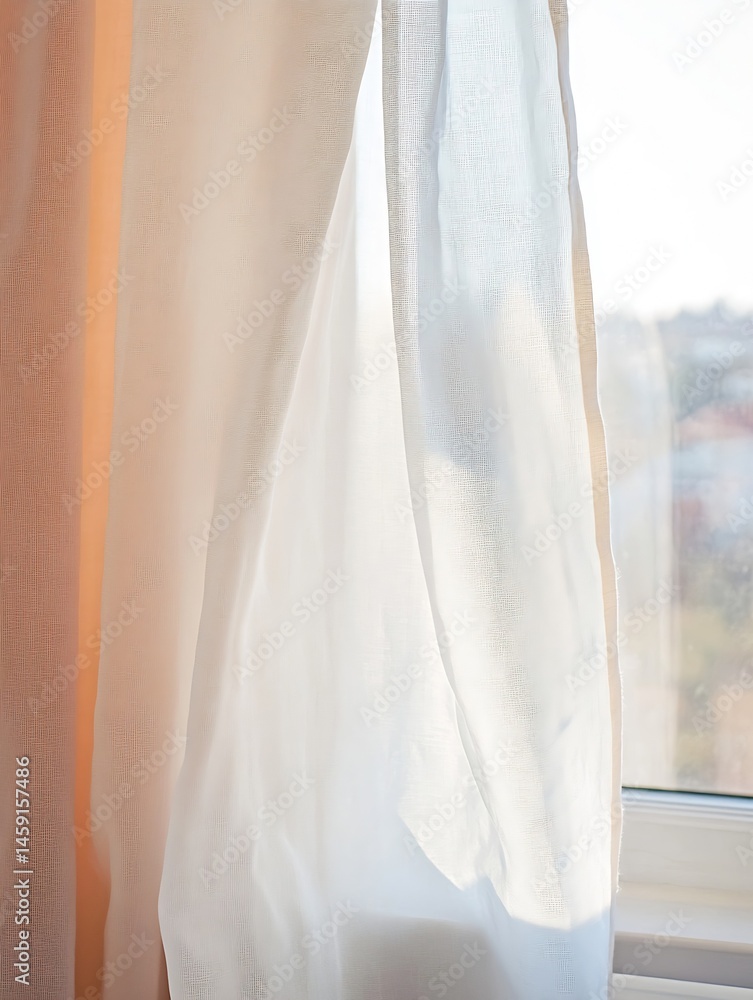 Sunlight streams through sheer white curtains, gently billowing in a light breeze near a peach-colored curtain, creating a serene and airy atmosphere. : Generative AI Sunlight streams through sheer white curtains, gently billowing in a light breeze near a peach-colored curtain, creating a serene and airy atmosphere. : Generative AI