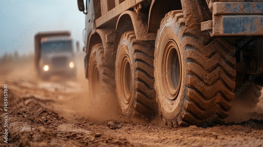 Large truck tires driving through a muddy, dirt road with another truck in the background, kicking up dust and showcasing rugged terrain. Large truck tires driving through a muddy, dirt road with another truck in the background, kicking up dust and showcasing rugged terrain.