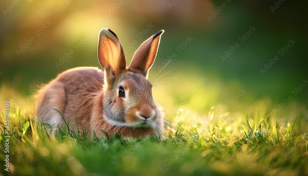 Fototapeta premium Rabbit Relaxing on Grass with Soft Sunlight, Cute Wildlife Scene / 草の上でくつろぐうさぎ、柔らかな光に包まれたかわいい野生動物の風景