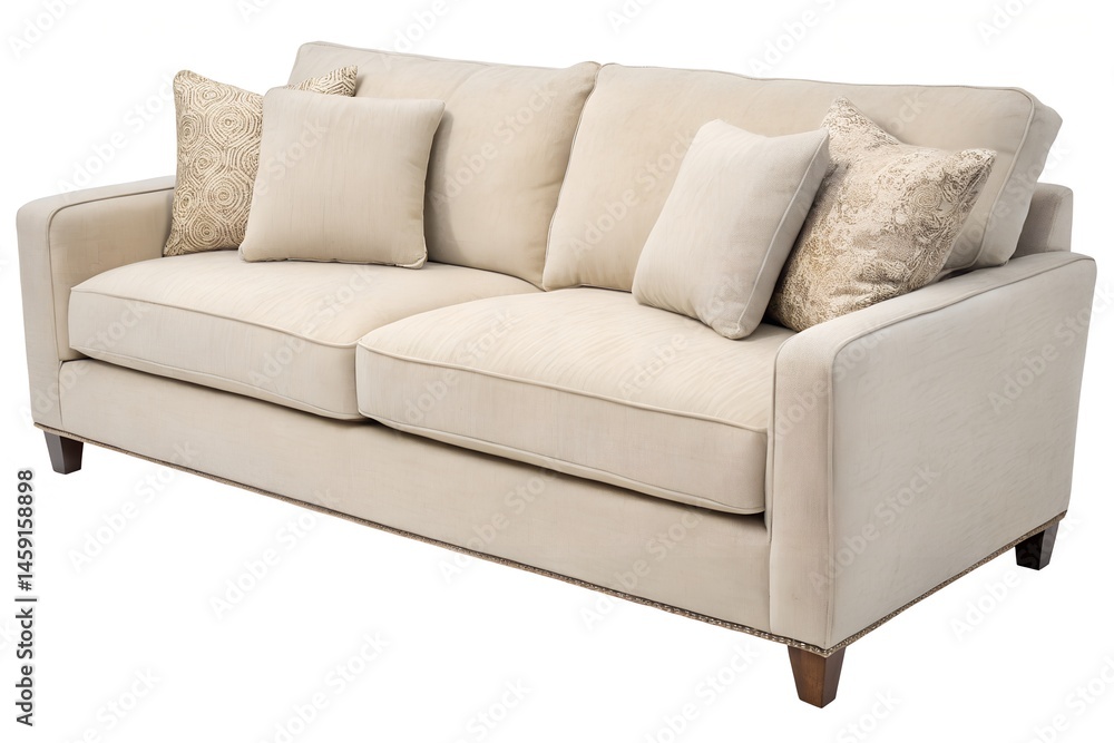 Obraz premium Neutral-toned sofa with soft cushions on white background