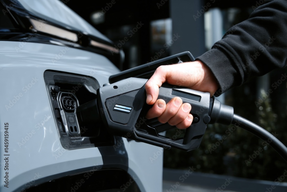 A person plugs a charging cable into an electric car, highlighting eco-friendly vehicle technology.