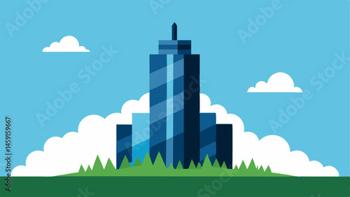 Skyscraper Silhouette A bold silhouette of a skyscraper against a light blue sky with fluffy white clouds partially obscuring the buildings peak. The ground perspective shows grass