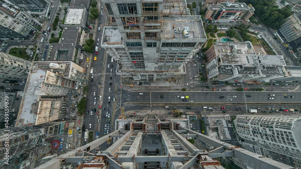 Aerial View from a High-Rise Construction Site in an Urban Area, Showcasing Cityscape with Busy Roads and Skyscrapers Under Development Aerial View from a High-Rise Construction Site in an Urban Area, Showcasing Cityscape with Busy Roads and Skyscrapers Under Development