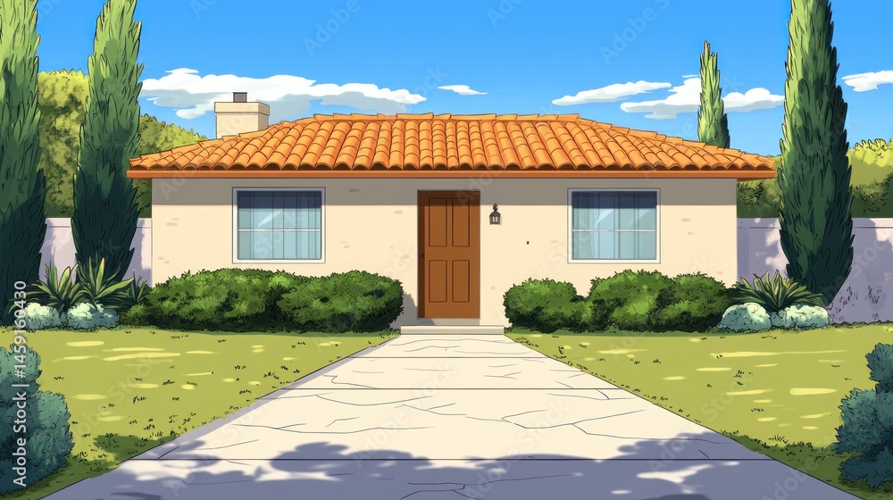 Obraz premium Single story house with orange tile roof