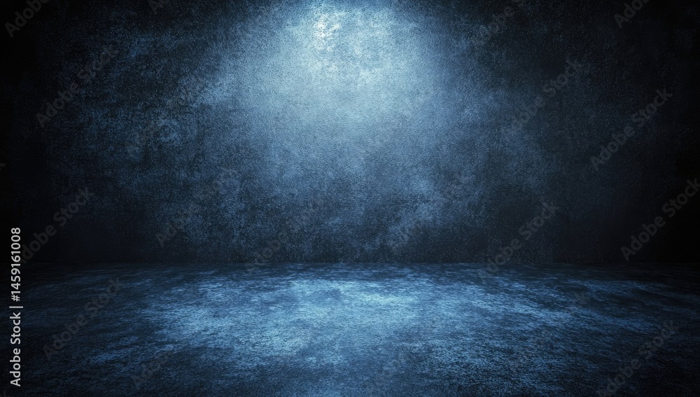 Dark, textured room with spotlight. A dimly lit, textured space, bathed in a spotlight from above. Muted blues and grays create a mysterious atmosphere Dark, textured room with spotlight. A dimly lit, textured space, bathed in a spotlight from above. Muted blues and grays create a mysterious atmosphere