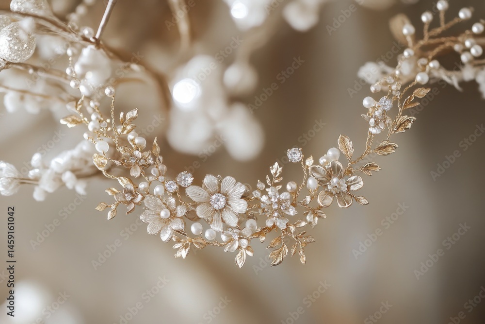 Intricate floral headpiece adorned with delicate pearls and shimmering crystals at a luxurious bridal display Intricate floral headpiece adorned with delicate pearls and shimmering crystals at a luxurious bridal display
