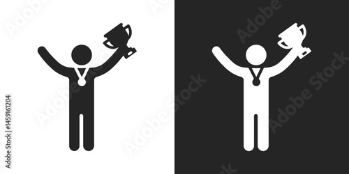 Victory icon, Champion holding trophy and medal symbol for achievement, success and awards icon vector design