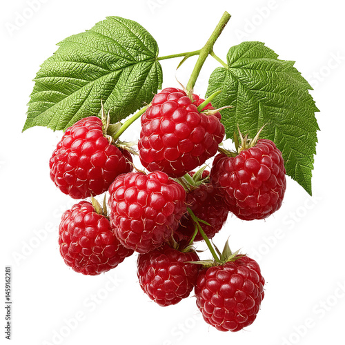 A close-up of fresh, ripe raspberries still on the vine, ready to be enjoyed