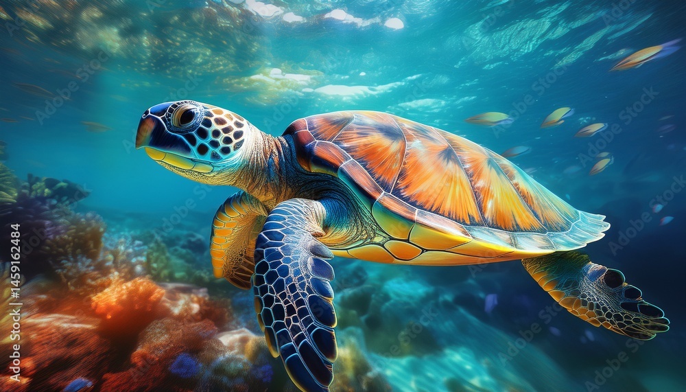 Obraz premium Firefly ウミガメが海を泳ぐ姿、透明な青 4197