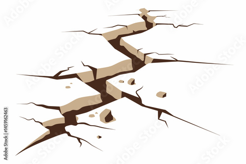 A stark vector illustration depicts a deep crack fracturing a surface, revealing the dark depths beneath.
