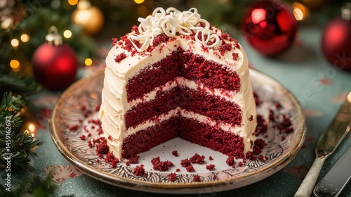 A beautifully sliced red velvet cake, decorated with cream and holiday ornaments.