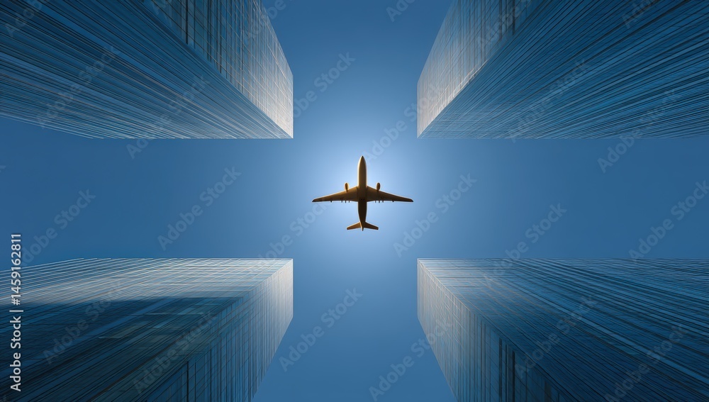A jet airplane flies overhead between four tall skyscrapers under a clear blue sky, captured from a dramatic low-angle perspective.