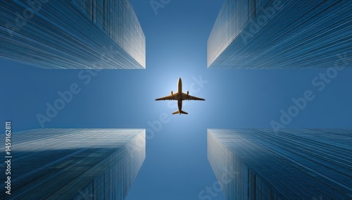 A jet airplane flies overhead between four tall skyscrapers under a clear blue sky, captured from a dramatic low-angle perspective.