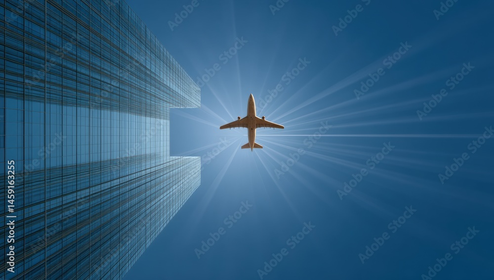 A commercial airplane flies above a modern glass skyscraper against a clear blue sky with sun rays.