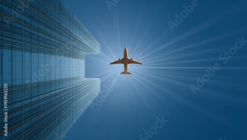 Obraz na płótnie A commercial airplane flies above a modern glass skyscraper against a clear blue sky with sun rays. w salonie