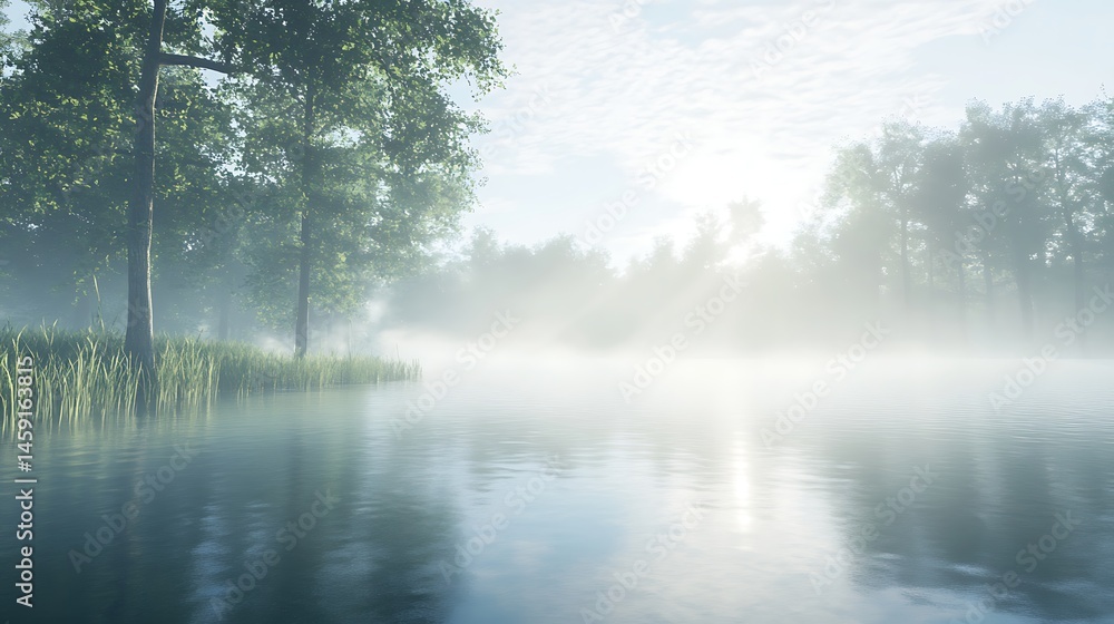 Fototapeta premium Mist shrouded lake with lush trees and gentle reflections
