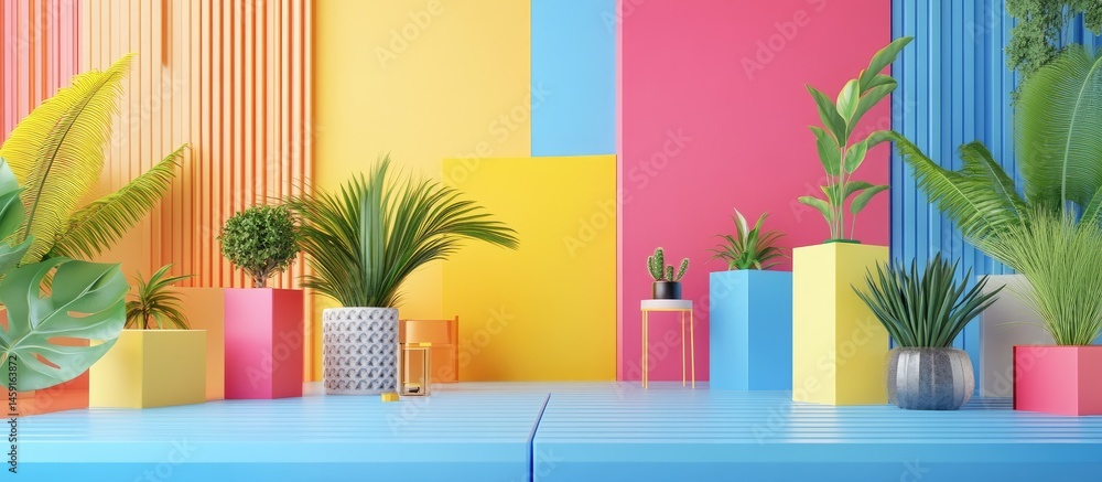 Vibrant Geometric Display with Tropical Plants