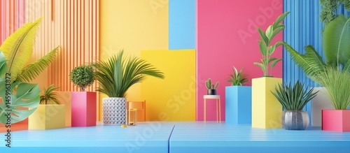 Obraz na płótnie Vibrant Geometric Display with Tropical Plants w salonie