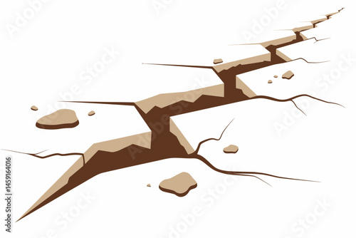 A large crack stretches across the ground, revealing a deep chasm with scattered rocks and fissures, possibly from an earthquake or geological shift.