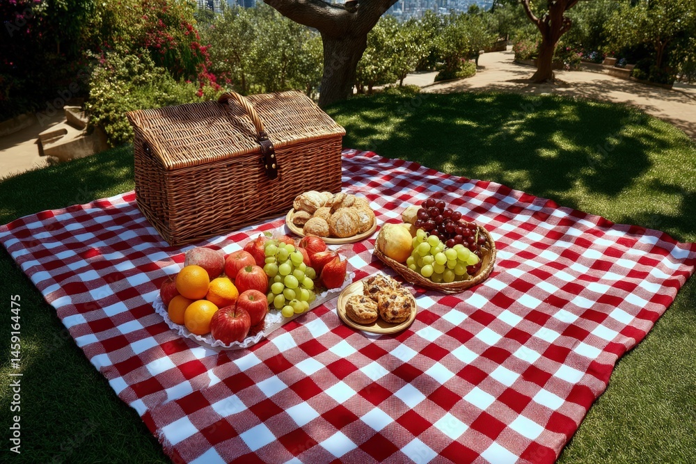 A picnic setup with fruits, pastries, and a basket on a red-checkered blanket in a sunny garden.
