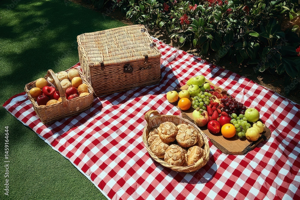 A picnic setup with baskets of fruit and pastries on a red checkered blanket on grass near bushes.