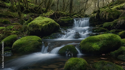 A serene stream flows through a lush green forest with moss covered rocks and trees in the background