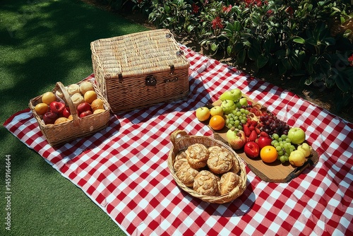 Obraz na płótnie A picnic setup with baskets of fruit and pastries on a red checkered blanket on grass near bushes. w salonie